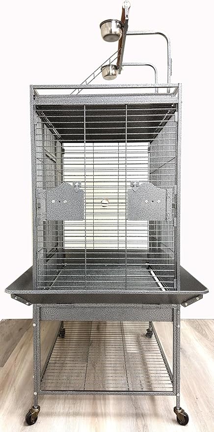 Extra Large Elegant and Durable Wrought Iron Climbing Ladder Perch Stand Play Top Ground Bird Parrot Metal Cage Around Seed Guard Storage Shelf with Heavy Duty Lockable Rolling Wheels-PurrikoPets