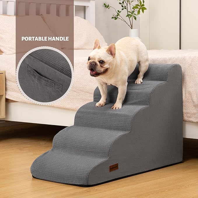 5-Step Dog Stairs and Ramp for High Bed, Non-Slip Sturdy Pet Steps for Small Dogs and Cats,22.2" H,Grey-PurrikoPets