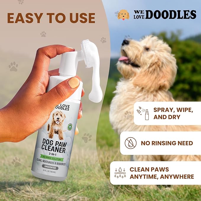 Dog Paw Cleaner (Over 100+ Feet Cleanings) No-Rinse Dog Foot Washer, Gentle and Safe Paw Cleaner for Dogs and Cats, Foam Formula, Moisturizes and Deodorizes, 150mL (Unscented) [We Love Doodles]-PurrikoPets
