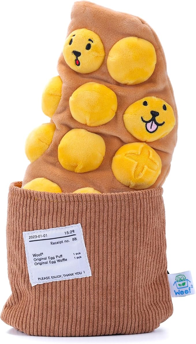 Egg Puff/Waffle 2-in-1 Nose-Work Soft Plush Squeaky Dog Toy - Durable, Cute & Fun HK Gift for Interactive Bonding Time, Hide Chew Sticks & Food for Puzzle Play, Small Medium Dogs-PurrikoPets
