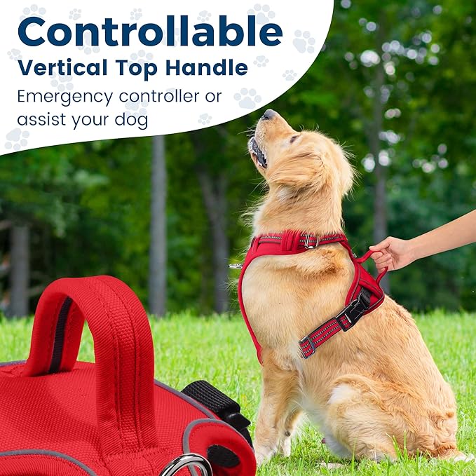 Funfox Dog Harness No Pull, Adjustable Pet Vest Harness, Super Soft Material with Vertical Handle Easy Control, Reflective Night Walking, 2 Leash Clips for Large Dogs, Red, L-PurrikoPets