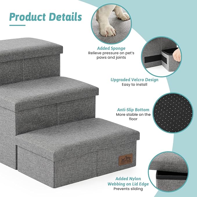 Dog Stairs with Storage, 3-Step Wider Sturdy Dog Steps for Small/Medium/Large Dogs and Older Cats, Folding Doggie Ramp for Bed/Couch/Car Hold Up to 180 lbs (16.7" H, Grey)-PurrikoPets