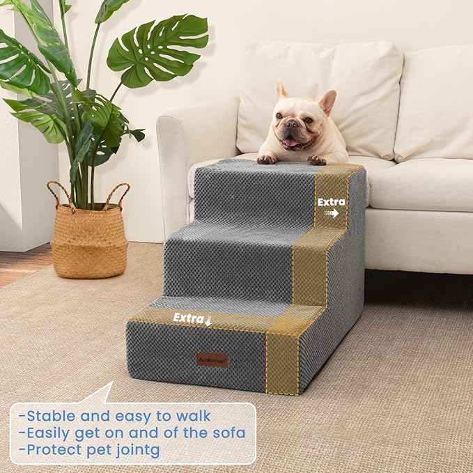 Dog Stairs for Small Dogs & Cats,3-Step Extra Wide Non-Slip Pet Steps for Couch Sofa and Chair,Grey,15.7" H-PurrikoPets