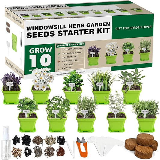 10 Herb Seeds Garden Starter Grow Kit with Green Pots, Markers, Nutritional Soil, Watering, Herb Clipper, Complete Indoor Potted Plant Growing Set for Kitchen DIY-PurrikoPets