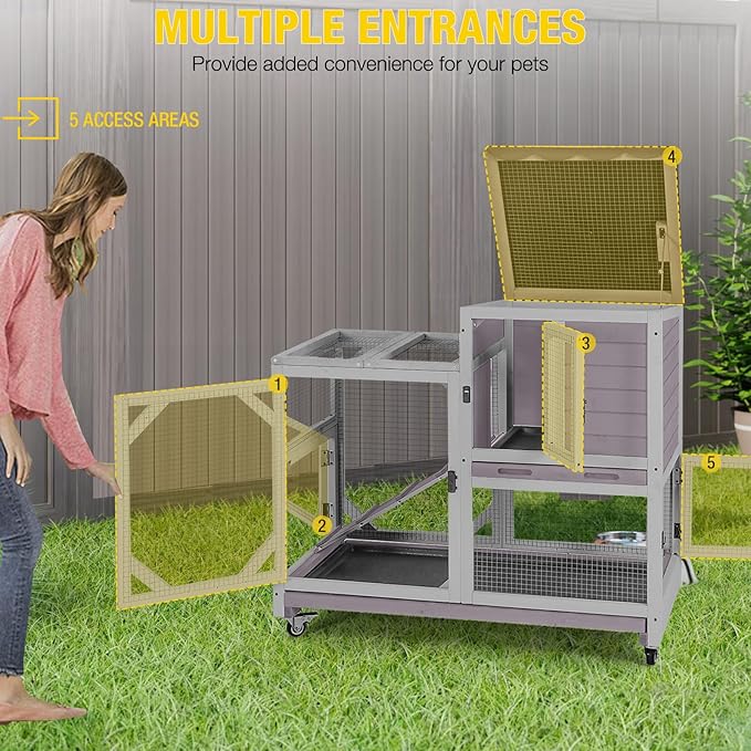 AIVITUVIN 2-Story Rabbit Hutch Indoor for 2-4 Rabbits & Guinea Pigs Wooden Small Animal Cage Guinea with Chew-Proof Design & Slide-Out Trays Bunny Cage with Lockable Wheels-PurrikoPets