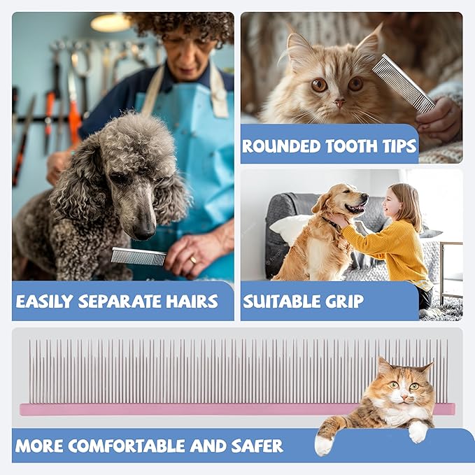 8.5 Inch Upgrade Pink Professional Pet Comb,Dual-Tooth Grooming Comb Anti-Static Smooth Rounded Corners Prevent Friction Breakage and Irritation,Long-Haired Cats and Dog Essential,Christmas Pet Gift-PurrikoPets