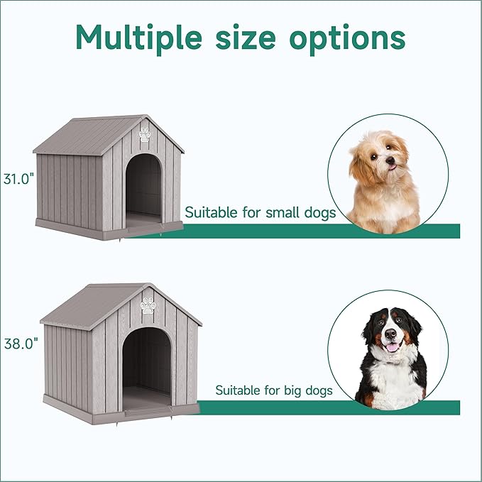 DRATO Indoor Outdoor Waterproof Dog House,PP Material,Puppy Shelter with Air Vents and Elevated Floor,Sturdy Dog Kennel for Small to Large Sized Dogs, Easy to Assemble (Gray, 38.62×36.26×38.07 Inches)-PurrikoPets