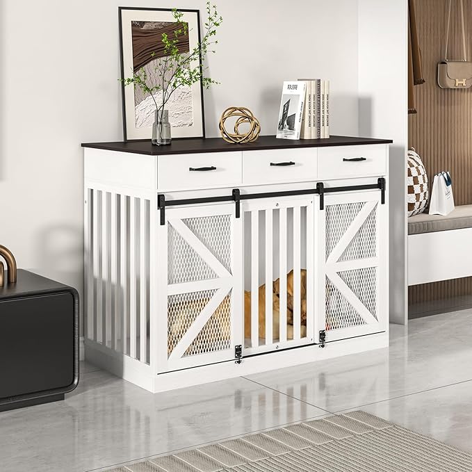 48'' Dog Crate Furniture with Divider&Storage Drawers, Wooden Double Dog Kennel Furniture End Table with Sliding Barn Doors, White Double Dog Crate TV Stand-PurrikoPets