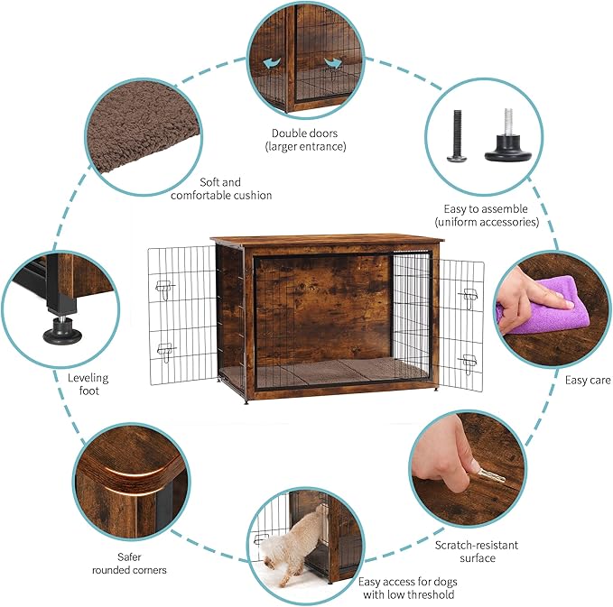 DWANTON Dog Crate Furniture with Cushion, Wooden Kennel Table with Double Doors, Indoor Dog House, Extra Large Size, 43.3" L, Rustic Brown-PurrikoPets
