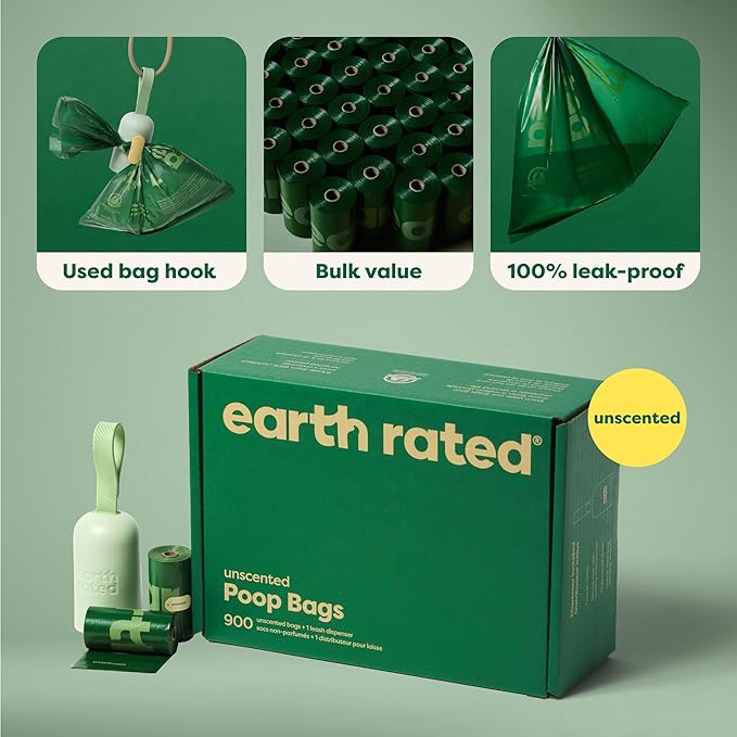 Earth Rated Dog Poop Bag Holder, Durable and Guaranteed Leakproof, Unscented, 1 Dispenser and 900 Bags-PurrikoPets