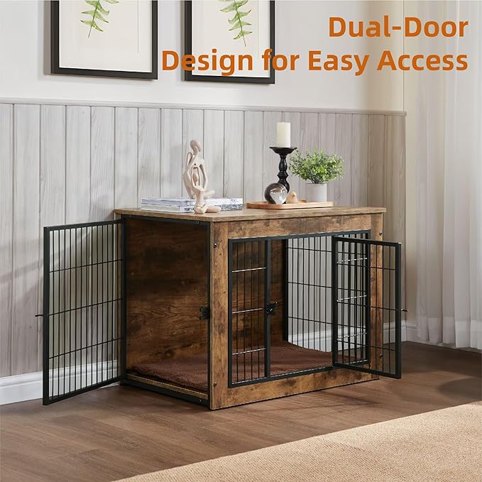 FLEXIMOUNTS Dog Crate Furniture with Cushion, Wooden Dog Kennel Furniture, Heavy Duty Dog Cage, 40" Dog Kennel with Double Doors, L-PurrikoPets