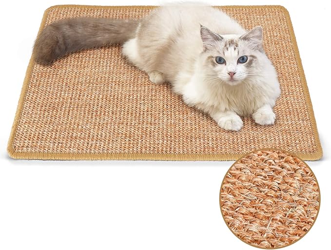 FUKUMARU Cat Scratcher Mat, 23.6 X 15.7 Inch Natural Sisal Cat Scratch Mats, Horizontal Cat Floor Scratching Pad Rug with Sticky Tapes, Protect Couch and Carpets-PurrikoPets