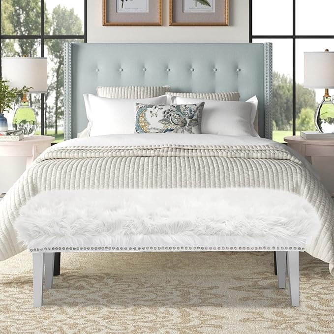 46 Inch White Bedroom Bench, Modern Multi-Purpose Bench with Wooden Legs, White Faux Fur Upholstered Bench for Bedroom, Living Room, or Entryway-PurrikoPets