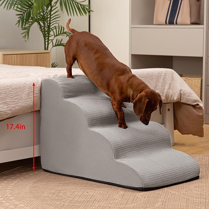 4-Step Dog Stairs and Ramp for Beds or Couches,Non-Slip Sturdy Pet Steps for Small Dogs and Cats,17.4" H,Light Grey-PurrikoPets