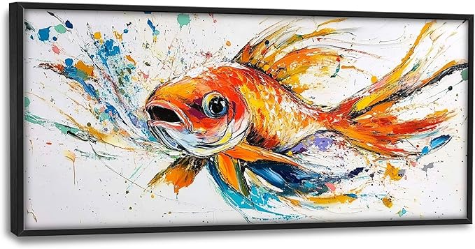 Framed Large Fish Wall Art for Living Room, Oversized Graffiti Goldfish Wall Decor Watercolor Fishing Canvas Painting Modern Artwork Home Decoration for Living Room Bedroom Office 60"x30"-PurrikoPets