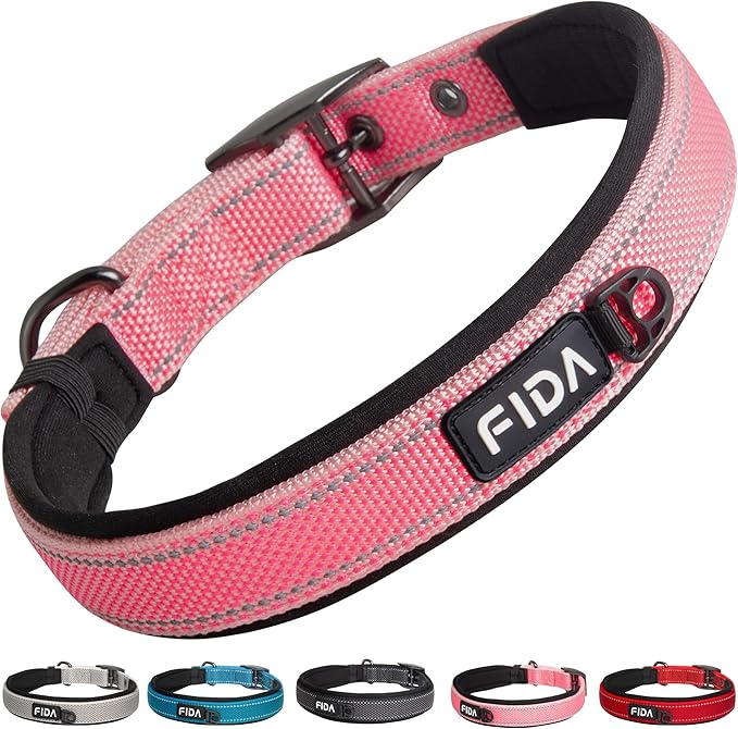 Fida Heavy Duty Dog Collar, Ultra Comfortable Soft Neoprene Padded, Adjustable Reflective Nylon Pet Collar with Durable Metal Belt Buckle for Large Breeds (L, Pink)-PurrikoPets
