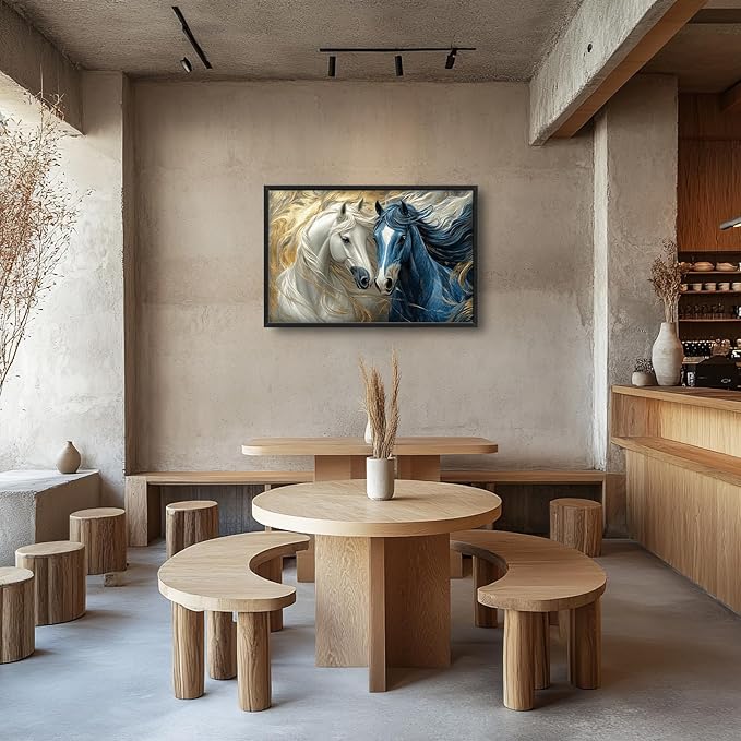 Framed Large Horse Wall Art for Living Room, Oversized Abstract Horses Wall Decor Blue and Golden Canvas Painting Animal Pictures Modern Artwork for Living Room Bedroom Office 36"x24"-PurrikoPets