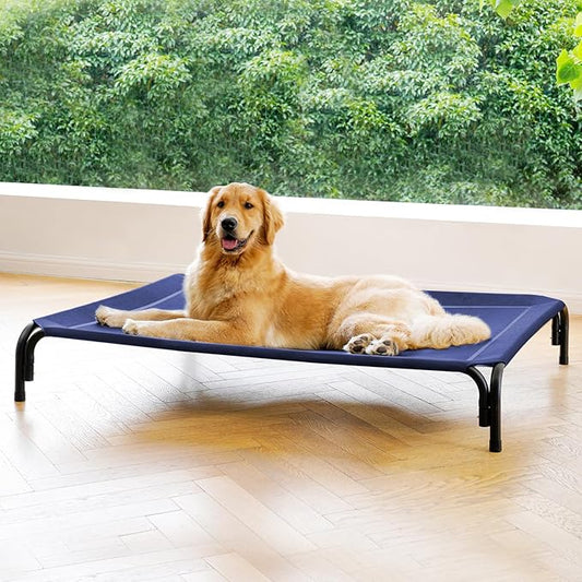 Elevated Dog Bed Raised Outdoor Dog Cot for Extra Large Dogs, Installation Requires No Tools, Frame with Washable Cooling Breathable Mesh Anti-Slip Feet, Indoor Pet Bed, Blue, 48.8 Inches-PurrikoPets