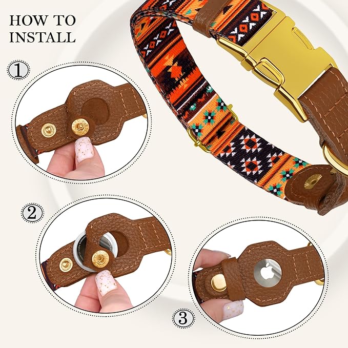 AirTag Dog Collar for Small Medium Large Breed - Adjustable Cute Pattern Dog Collar with Airtag Holder - Soft Leather Tracker GPS Apple Air Tag Pet Collars (X-Large, 20"-25" Neck Fit, Western)-PurrikoPets