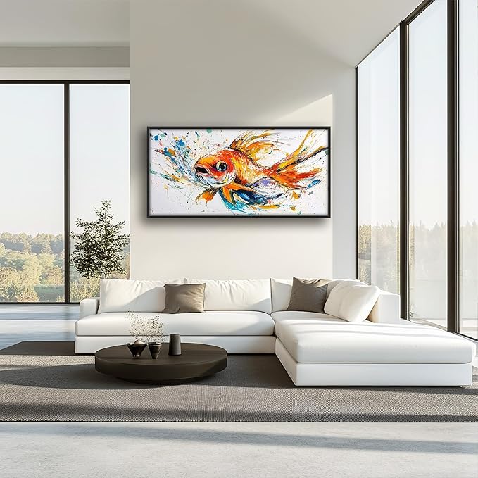 Framed Large Fish Wall Art for Living Room, Oversized Graffiti Goldfish Wall Decor Watercolor Fishing Canvas Painting Modern Artwork Home Decoration for Living Room Bedroom Office 60"x30"-PurrikoPets