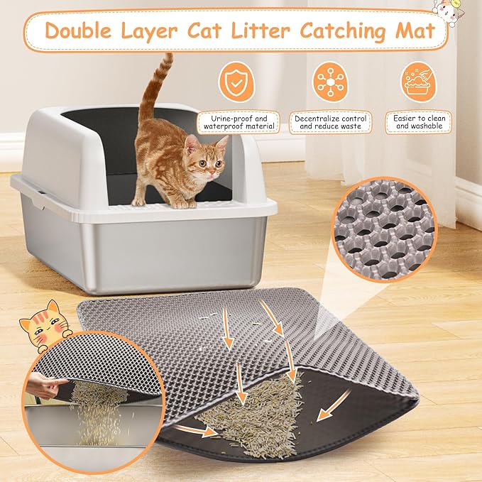 2 Pack Stainless Steel Litter Box, 24'' XL Extra Large Cat Litter Box with Lid, Metal Litter Boxes for Multiple Cats, Anti-Leakage,Non-Stick, Easy to Clean, Included Cat Litter Mat, Scoop-PurrikoPets
