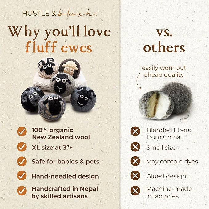 Fluff Ewes Wool Dryer Balls 6 Pack Premium New Zealand Wool Laundry Balls for Dryer, No Static Dryer Balls Laundry Reusable, XL Wool Dryer Balls Cute, Baby Dryer Balls for Dryers - Classic-PurrikoPets
