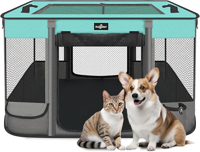 Foldable Pet Kitten Playpen, Waterproof Portable Pet Cat Dog Playpen Kennel Tent for Small Dog Cat, Removable Shade Cover, Come with Free Carrying Case, Indoor Outdoor Use for Small Animals, BlackTeal-PurrikoPets