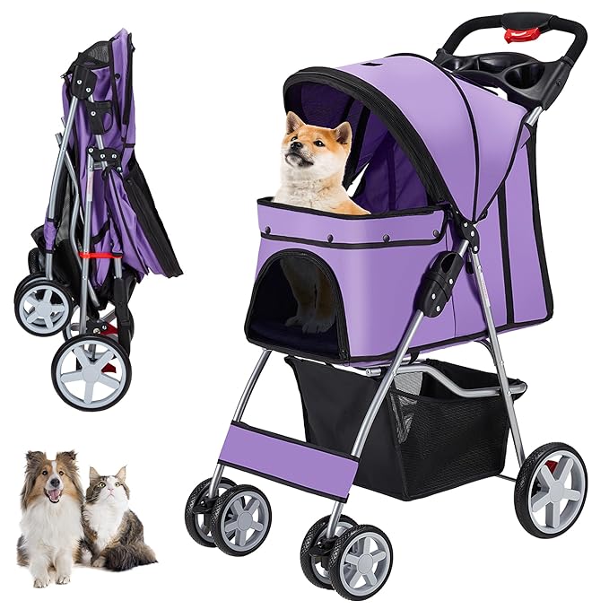4 Wheels Pet Stroller for Small Medium Dogs Cats 10-33 lbs, Foldable Dog and Cat Stroller with Cup Holder & Storage Basket & Breathable Mesh, Pet Strolling Cart for All-Season, Purple-PurrikoPets