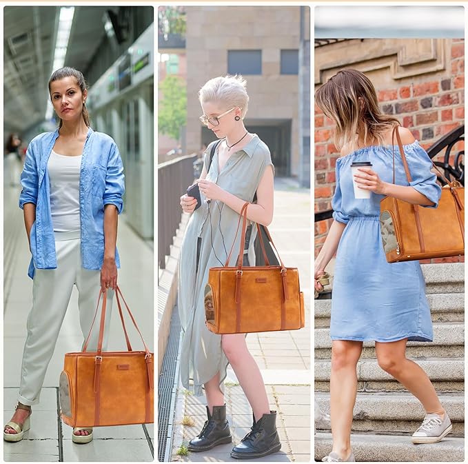 Fashion Dog Purse Pet Carrier Leather Bag for Small Dogs Cats Puppy, Portable Tote Bag Airline Approved Soft-Sided Carriers (Brown)-PurrikoPets