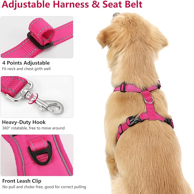 Dog Seat Belt Harness for Car, Dog Car Harness Adjustable Mesh Breathable & Dogs Seatbelt Safety Tether with Elastic Bungee for Small Medium Large Pets(Rose, S)-PurrikoPets