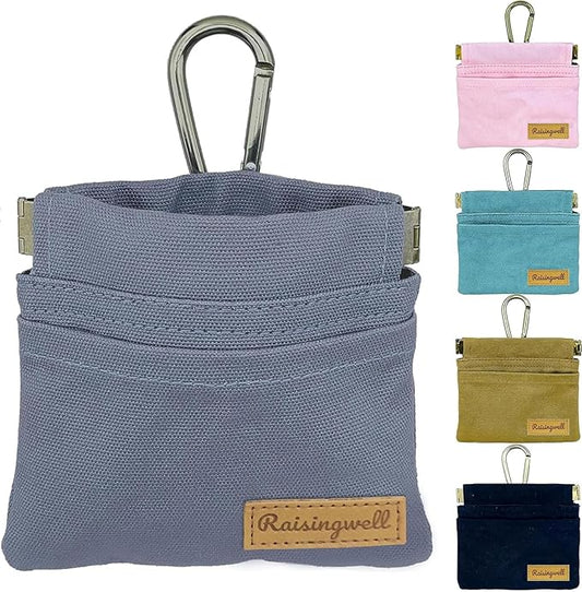 Dog Treat Pouch, Small Cotton Pocket Sized Training Holder, Hand Free Walking Fanny Bag with Carabiner, Self-Closing Pet Feed Snack Reward, Behavior Aids for Puppy Travel or Outdoor (Grey)-PurrikoPets