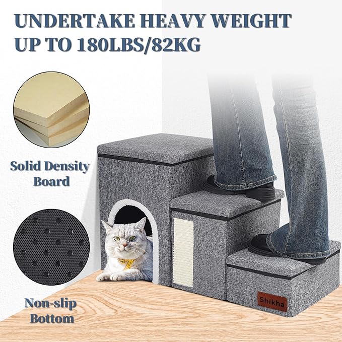 Dog Stairs for High Bed and Couch, 4 IN 1 Foldable Pet Stairs for Cats & Small and Medium Dogs, Adjustable Dog Steps with Pet Climbing Ladders/Cozy Condo/Storage Boxes/Cat Scratcher, Hold Up to 180LBS-PurrikoPets