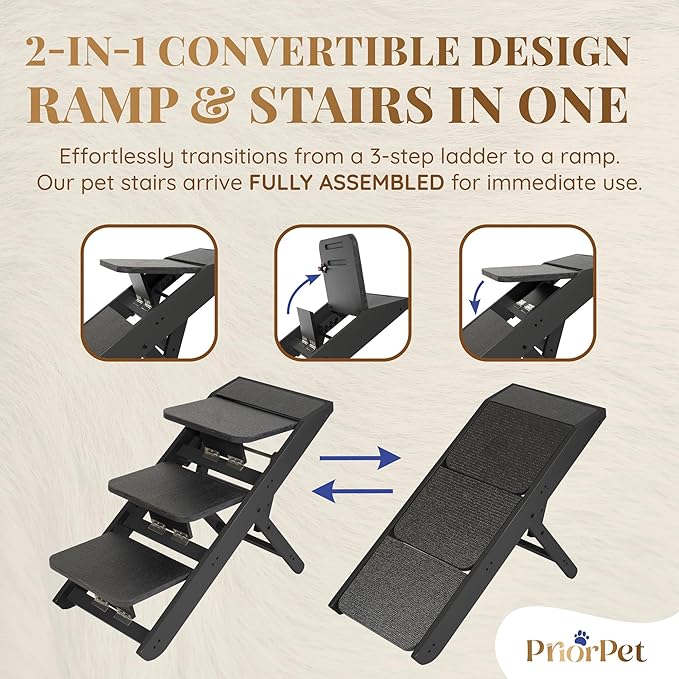 Dog Steps for Bed & Couch 2-in-1 Dog Stairs/Ramp - Height Adjustable Dog Ramp for Couch 7” - 20” - Pet Stairs, Dog Stairs for Small Dogs - Easy to Move Pet Steps with Landing Platform, Black-PurrikoPets