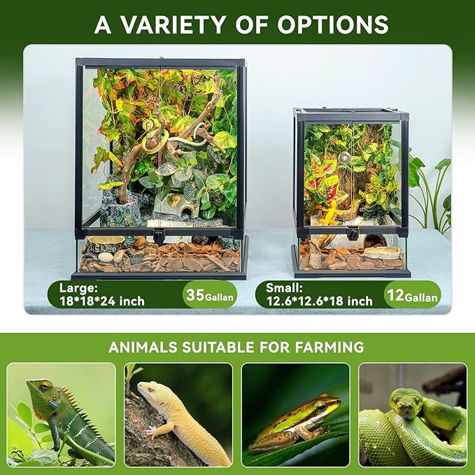 Glass Reptile Tank Front Opening Terrarium Suitable for Leopard Geckos, Snakes, Tree Frogs, Chameleons,Watertight Base, Ventilated Metal Mesh Top, Pre-Drilled Cable Holes 23.9x18x18''-PurrikoPets