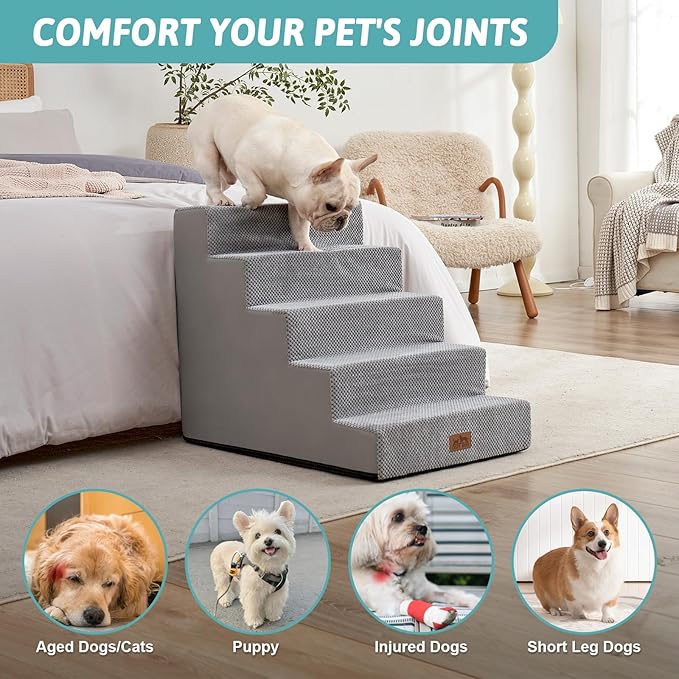 Dog Stairs for Small Dogs, 5 Tier Wider Pet Stairs for High Beds, 23.6" H Non-Slip Dog Steps for Old Cats, Puppies, Small Medium Dogs, 29.5x19.7x23.6 inch, Grey-PurrikoPets