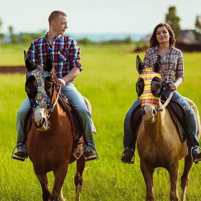 Frienda 4 Pieces Horse Fly Masks with Ears Face Covering UV Protection from Insect Pests Elasticity Smooth Comfortable Mesh Horse Mask Accessories(Geometric,Medium)-PurrikoPets