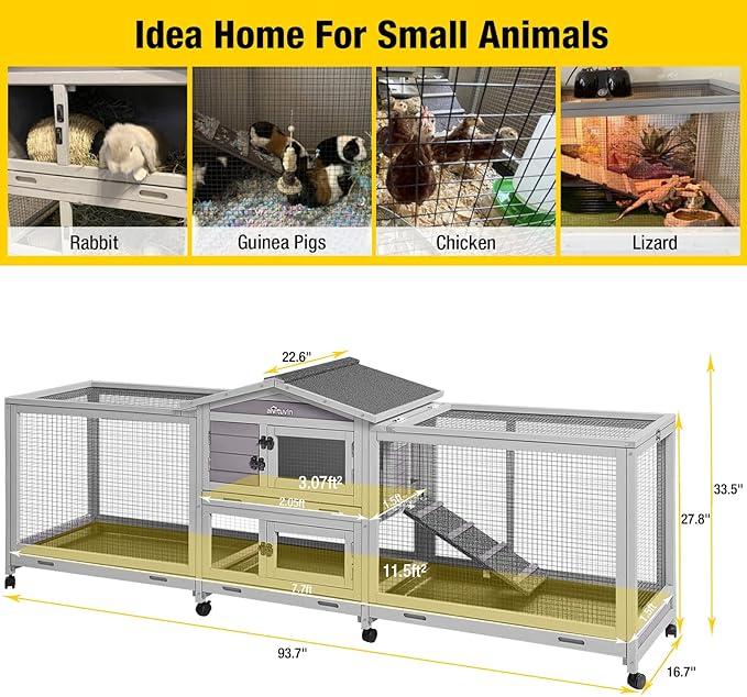 Aivituvin Rabbit Hutch 93.7" Large Rabbit Cage Indoor Outdoor Guinea Pig Cage Chicken Coop on Wheels Bunny Cage with 4 Deep No Leakage Pull Out Tray,Waterproof Roof-PurrikoPets