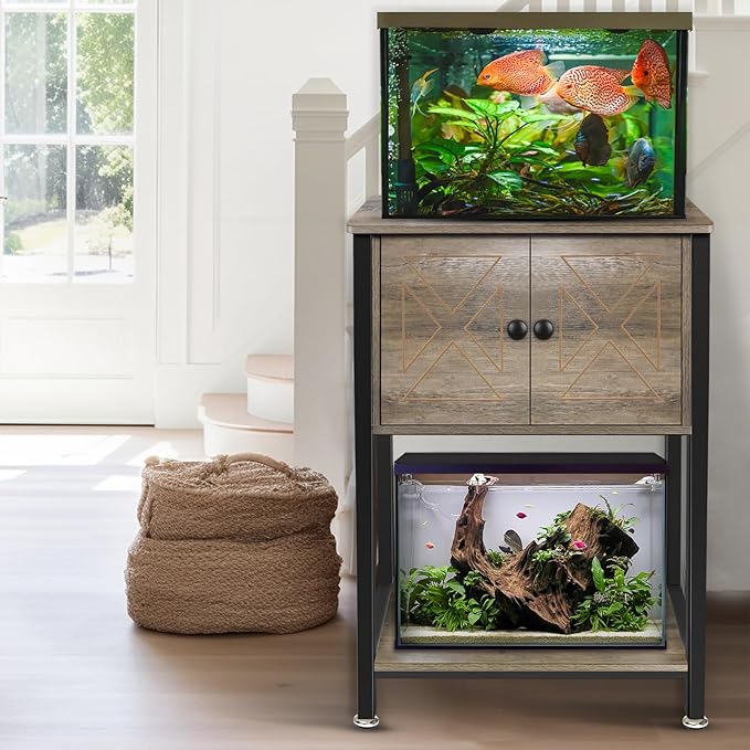 5-10 Gallon Fish Tank Stand, Heavy Duty Aquarium Stand with Cabinet & Power Outlets for Fish Tank Accessories Storage, Double Tank Stand 20.5" L* 11" W Tabletop, 220LBS Capacity, Grey-PurrikoPets