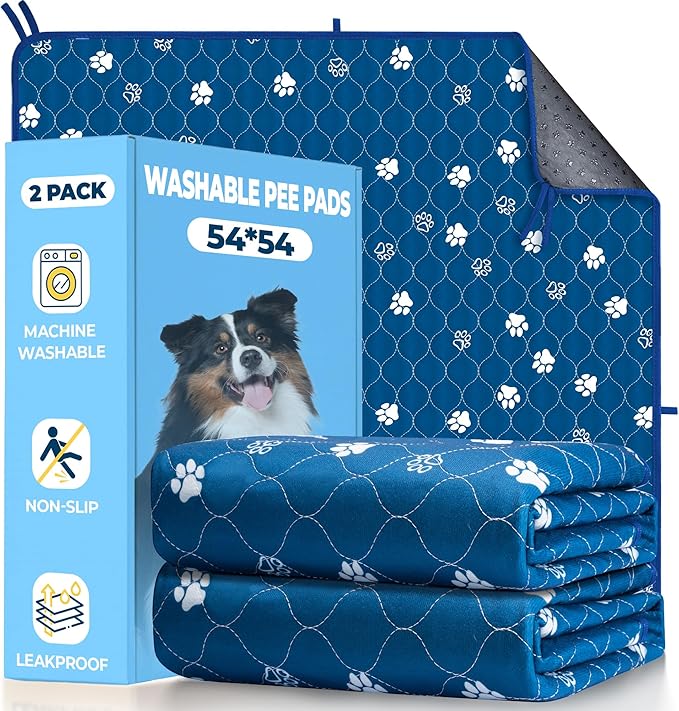 Fostanfly Washable Pee Pads for Dogs, 2 Pack Large 54"x54" Ultra-Absorbent and Leak-Proof Non-Slip Reusable Potty Training Pads for Dogs, Puppy & Cats of Add 8 Lanyards-Blue-PurrikoPets