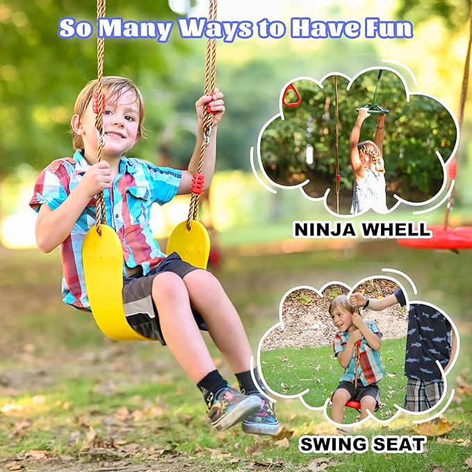 2x65 FT Ninja Warrior Obstacle Course for Kids with 13 Ninja Accessories - 600lbs Weight Capacity, Slackline with Swing Seat, Disc Swing, Ninja Wheel, Rope Ladder, Monkey Bar, Ninja Ring, Arm Trainer-PurrikoPets