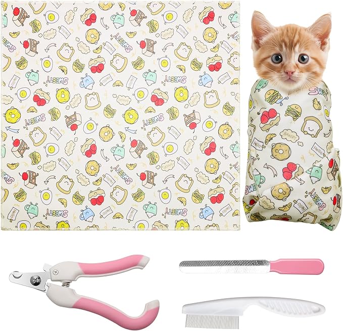 4p Cat Wrap for Cutting Nails Set, Self-Adhesive Cat Wrap Comfortable & Soft Cat Grooming Wrap Suitable for Many Cat Sizes Cat Burrito Wrap for Trimming Nails-PurrikoPets