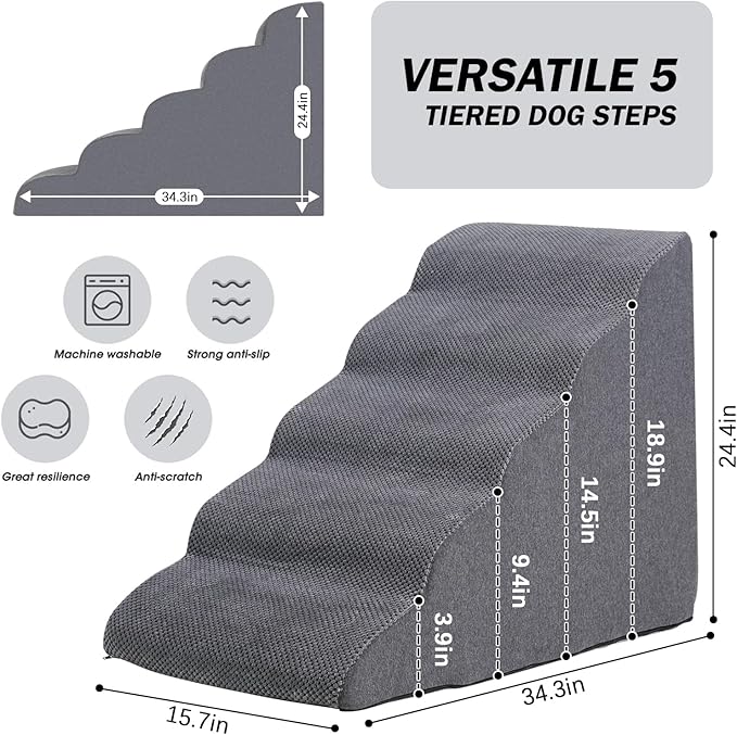Dog Stairs&Steps for High Beds Up to 28'', 5-Step Dog Ramp for Small Medium Dogs with Washable Cover, Non-Slip Steps for Cats to Get on Couch and Sofa, Durable Foam Ladders, 24.4" Tall, Grey-PurrikoPets