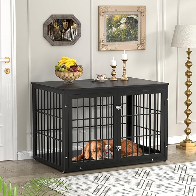 48 Inch Heavy Duty Dog Crate Furniture for Large Dogs, Decorative Pet House End Table, Extra Large Wooden Cage Kennel Furniture Indoor, Black-PurrikoPets