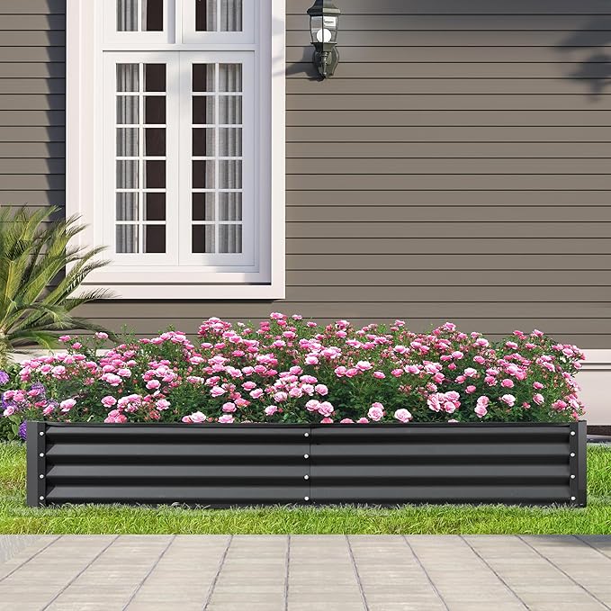 Domi Galvanized Raised Garden Bed, 8x4x1Ft Thickening Metal Planter Box for Vegetables Bottomless for Backyard Outdoor, 1" Deep w/ 228 Gallon Capacity - Dark Gray-PurrikoPets