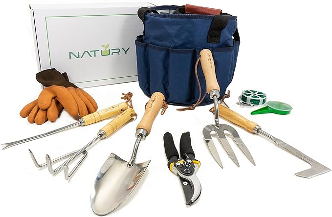 Garden Tools Set – Premium Stainless Steel Gardening Hand Tools with Solid Beechwood Handle – Gardening Kit with Rake, Shovel, Gloves, Shears, Tool Organizer – Garden Gifts for Women and Men-PurrikoPets