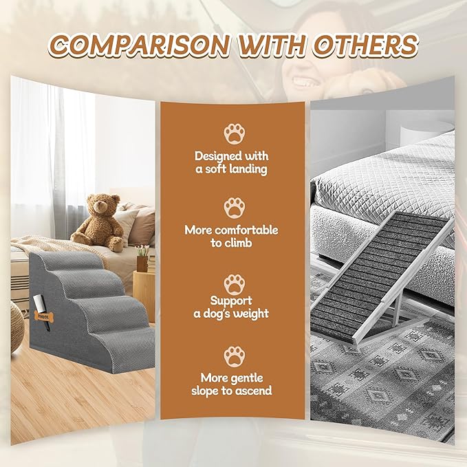 Dog Stairs, Romrol Dog Steps Ramp for High Bed and Couch, Dogs Ramp with Durable Non-Slip Waterproof Fabric Cover, Pet Stairs for Small Dogs and Cats or Pets Joints, 4-Tiers,Grey-PurrikoPets