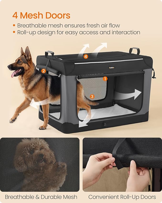Feandrea Collapsible Dog Crate, 42-Inch Portable Dog Travel Crate for Large Dogs, Oxford Fabric Pet Carrier with 4 Mesh Doors, Handles, Storage Pocket, Water Bottle Holder, Ink Black UPDC021B01-PurrikoPets