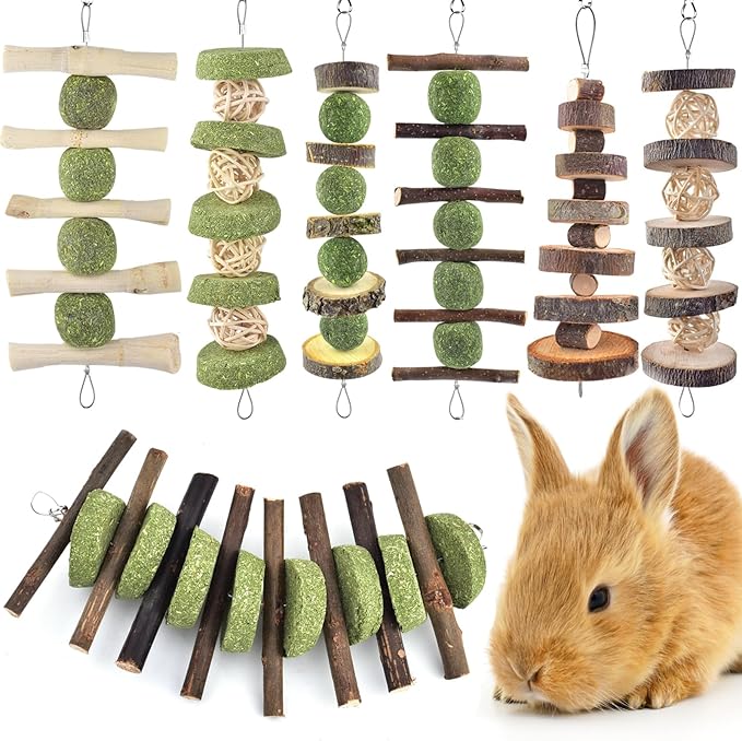 ERKOON Bunny Chew Toys, Rabbit Chew Toys for Teeth Grinding, Improve Dental Health, 100% Natural Apple Wood Timothy Grass Cake Treats for Rabbits Guinea Pigs Chinchillas Bunnies Hamsters (7 Pcs)-PurrikoPets