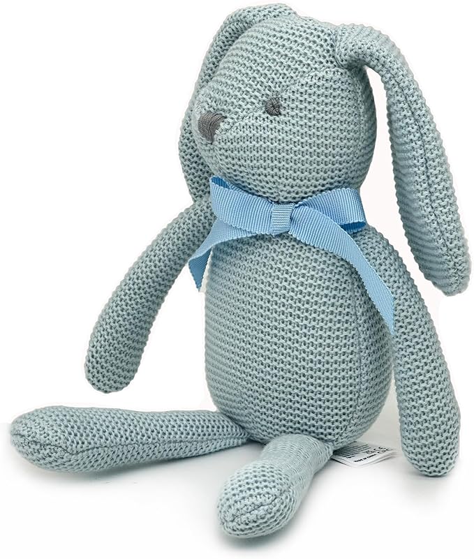 100% Organic Cotton Baby Toys Blue Bunny Rabbit Stuffed Animals for Newborn 7.1"-PurrikoPets