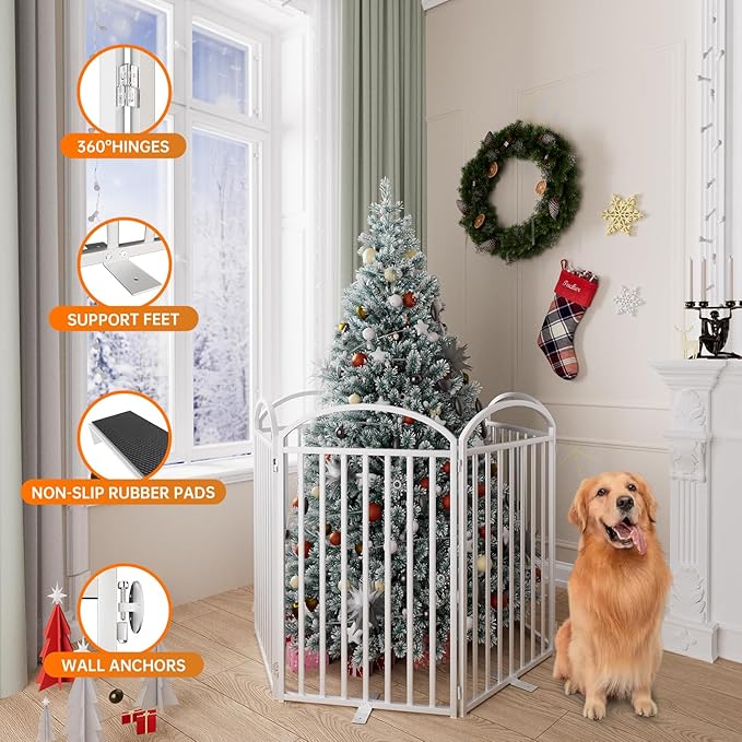 6 Panles Full Matel Freestanding Dog Gates with Door, 144"Extra Wide 36"Tall Free Standing Dog Pet Gate for Indoor & Outdoor. Foldable Pet Fences for Doorways, House, Stairs, Porch, Deck, Yard-PurrikoPets